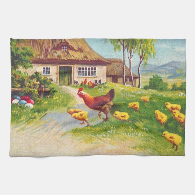 Hen, Chickens and Easter Eggs Tea Towel (Horizontal)