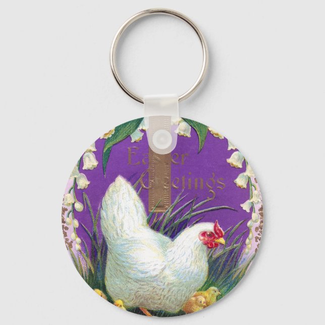 Hen, Chicks and Cross Vintage Easter Key Ring (Front)