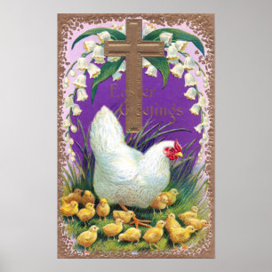 Hen, Chicks and Cross Vintage Easter Poster