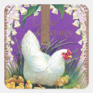 Hen, Chicks and Cross Vintage Easter Square Sticker