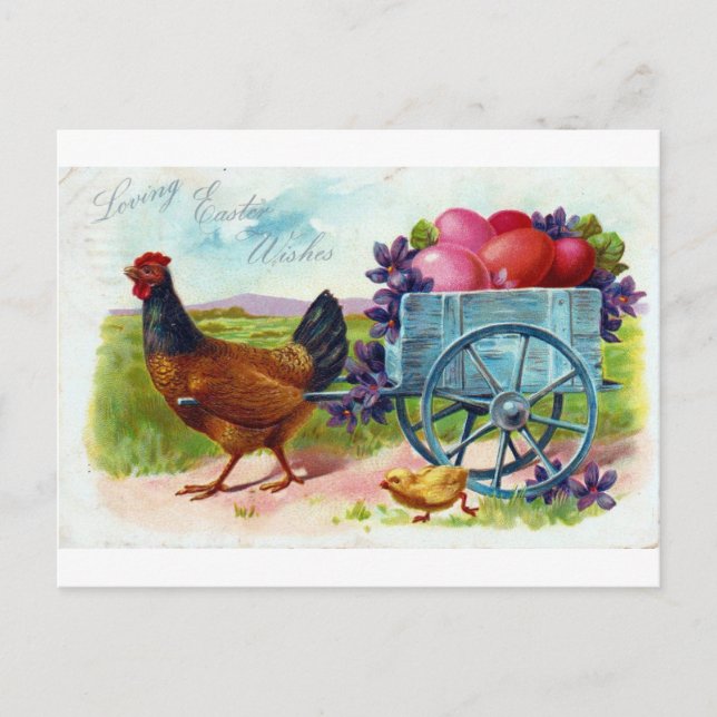 Hen pulling cart Easter Vintage Postcard (Front)