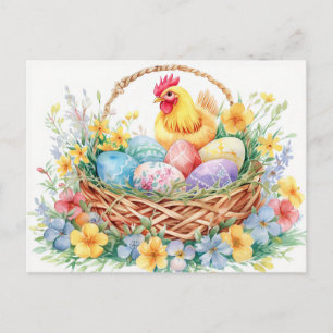 Hen stands beside an Easter nest filled with eggs Postcard