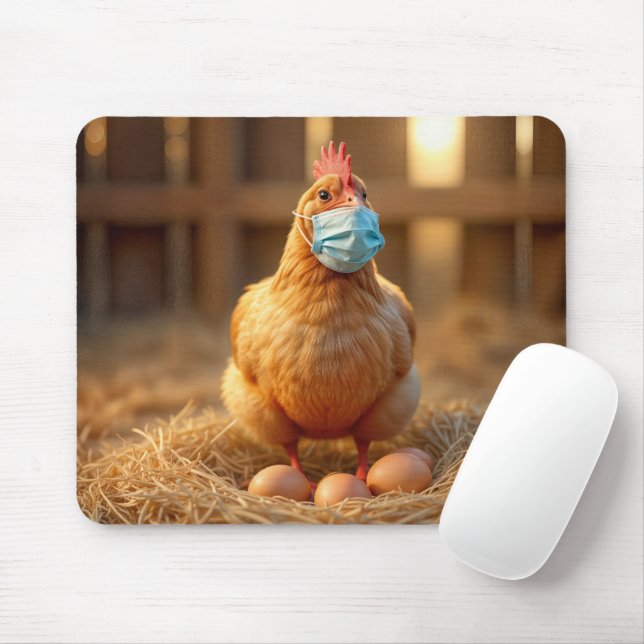 Hen Wearing a Blue Face Mask Mouse Pad (With Mouse)