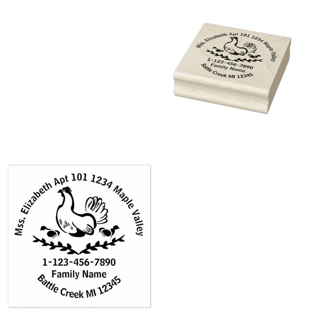Hen with Yellow Chicks Line Art Home Contact Info Rubber Stamp (Stamped)