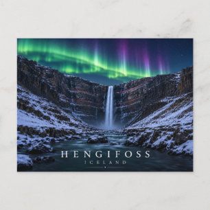 Hengifoss Waterfall Red Clay Iceland Aurora Postcard