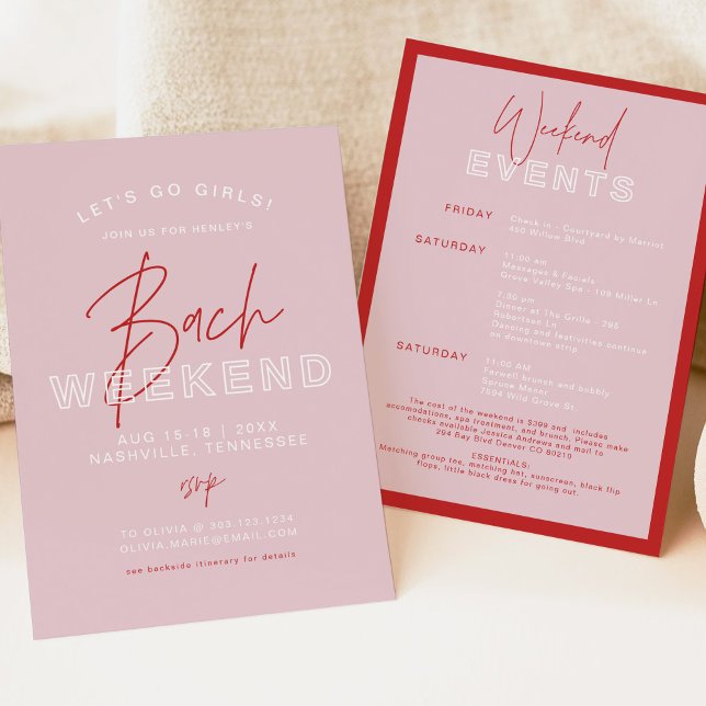 HENLEY Modern Pink & Red Bachelorette Itinerary Invitation (Creator Uploaded)