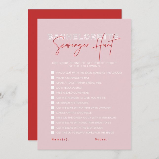 HENLEY Pink Red Bachelorette Scavenger Hunt Card (Front/Back)