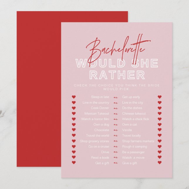 HENLEY Red Pink Would She Rather Bridal Game Invitation (Front/Back)