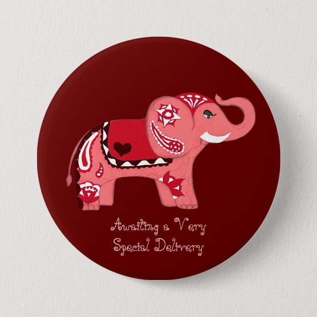Henna Elephant (Red/Pink) (Baby Shower) 7.5 Cm Round Badge (Front)