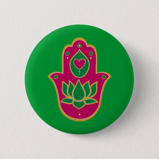 Henna Hamsa Lotus Green & Pink 6 Cm Round Badge (Front)