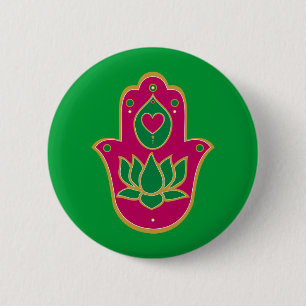 Henna Hamsa Lotus Green & Pink 6 Cm Round Badge