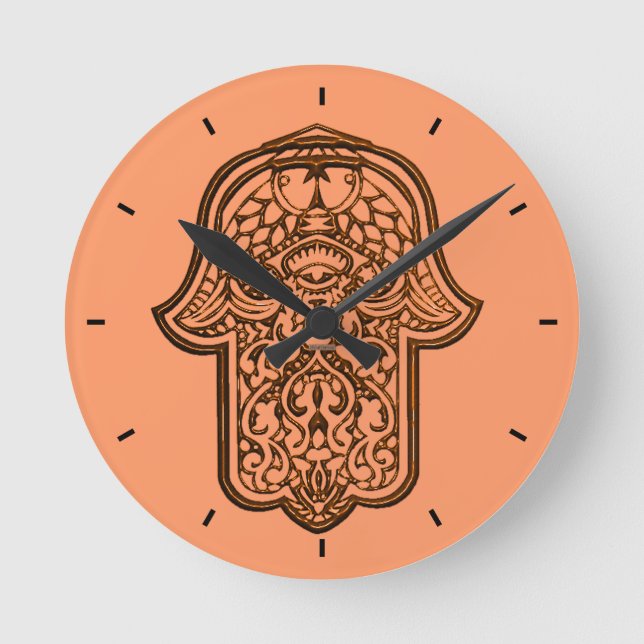 Henna Hand of Hamsa (Orange) Round Clock (Front)