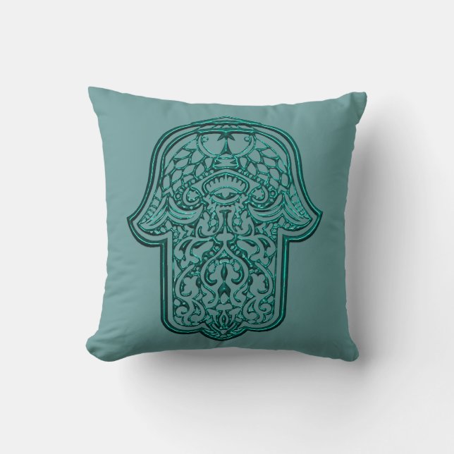 Henna Hand of Hamsa (Teal) Cushion (Front)