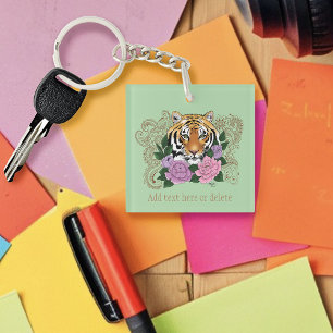 Henna Tiger Pink Purple Flowers Key Ring