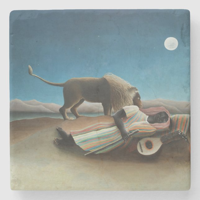 Henri Rousseau Sleeping Gypsy Lion Painting Stone Coaster (Front)