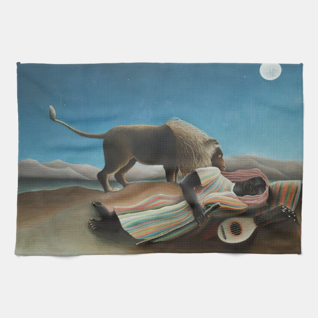 Henri Rousseau Sleeping Gypsy Lion Painting Tea Towel (Horizontal)