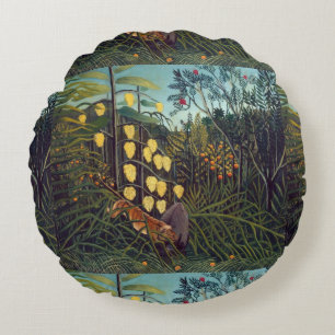 Henri Rousseau Struggle between Tiger and Bull Round Cushion