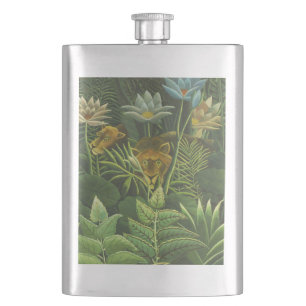 Henri Rousseau Tropical Jungle Lion Vintage Print Hip Flask