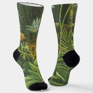 Henri Rousseau Tropical Jungle Lion Vintage Print Socks