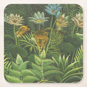 Henri Rousseau Tropical Jungle Lion Vintage Print Square Paper Coaster