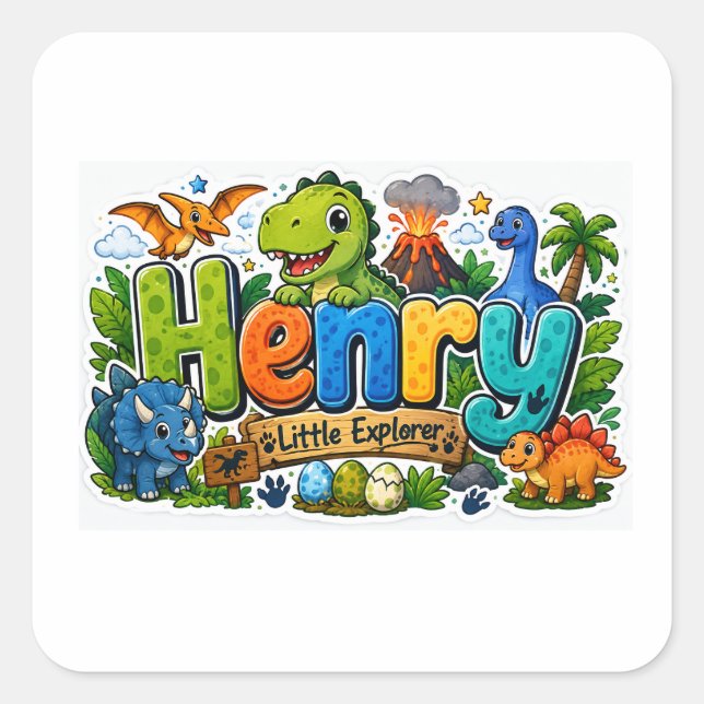 Henry Explorer Dinosaur Personalised Stricker Square Sticker (Front)
