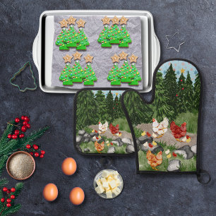 Hens, chicks, and snowflakes light blue oven mitt & pot holder set