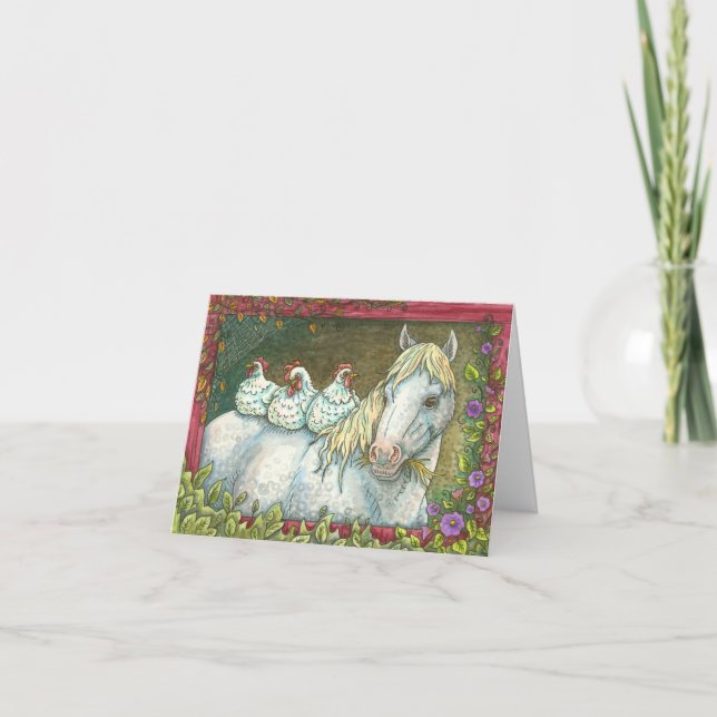 HENS IN THE STABLE, HORSE & CHICKEN THANK YOU CARD (Front)