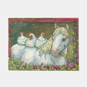 HENS IN THE STABLE, HORSE & CHICKENS DOOR MAT Sm.