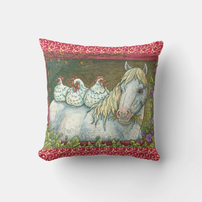 HENS IN THE STABLE, HORSE THROW PILLOW Red (Front)