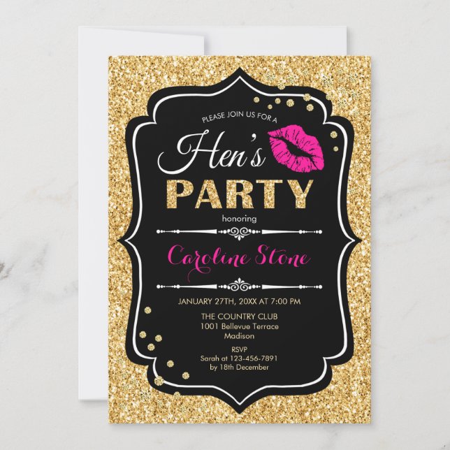 Hens Party - Black Pink Gold Invitation (Front)