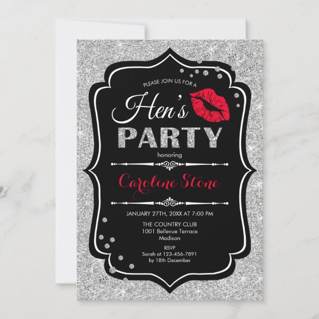 Hens Party - Black Red Silver Invitation (Front)