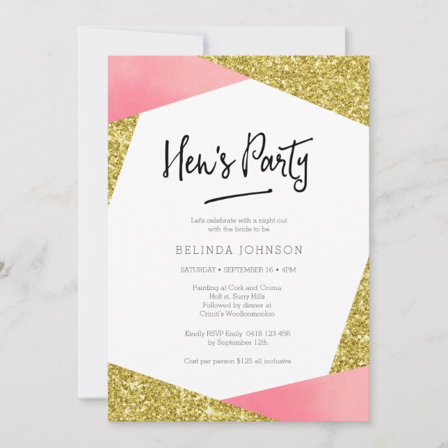 Hen's Party Invitation | Pink & glitter (Front)