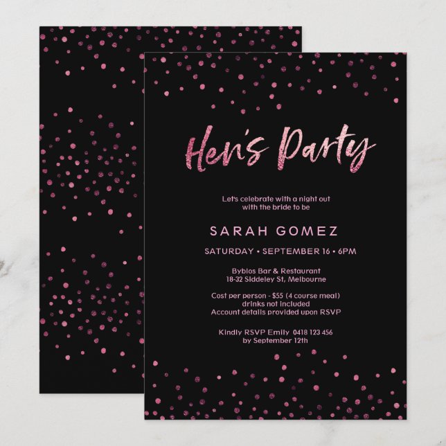 Hen's Party Invitation | Pink glitter foil (Front/Back)