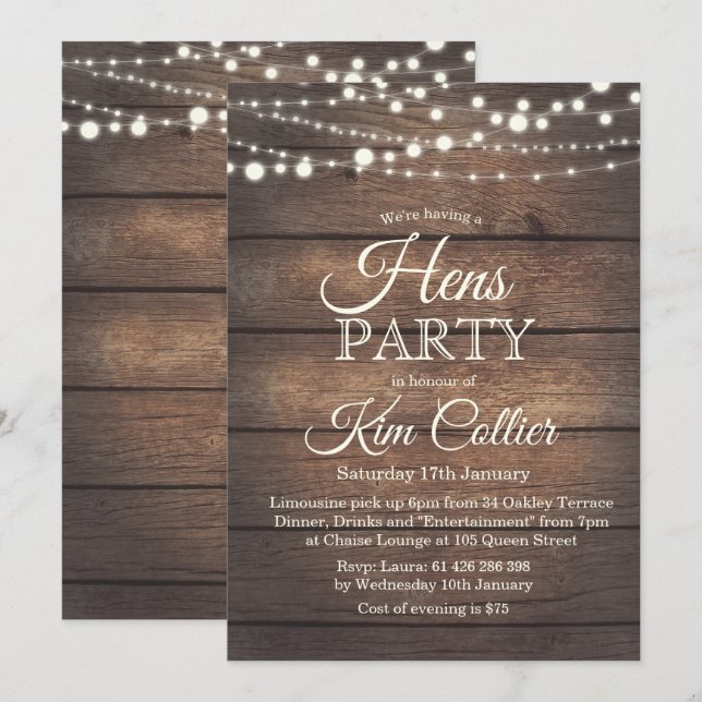 Hens Party Rustic Wood Lights Invitation (Front/Back)