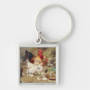 Hens roosting with their chickens key ring