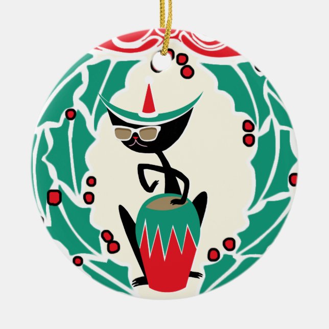 Hep Cat Retro Christmas (Personalised) Ceramic Tree Decoration (Front)