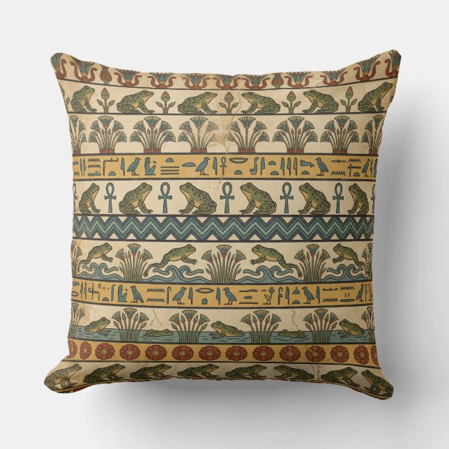 Heqet’s Blessing: Ancient Egyptian Frog Fresco Cushion (Front)