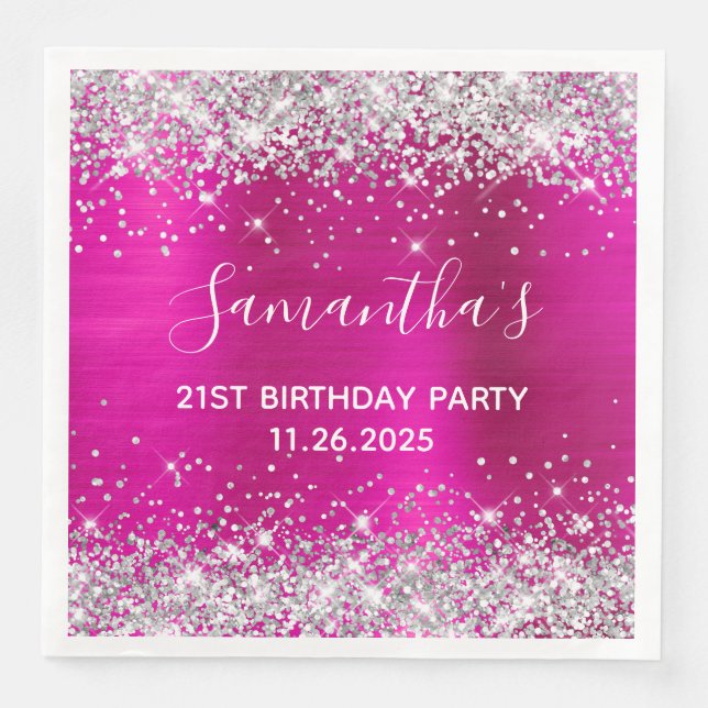 Her 21st Birthday Hot Pink and Silver Glitter Napkin (Front)