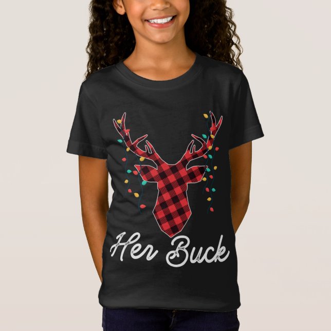Her Buck Reindeer Red Plaid Christmas Pajama Match T-Shirt (Front)