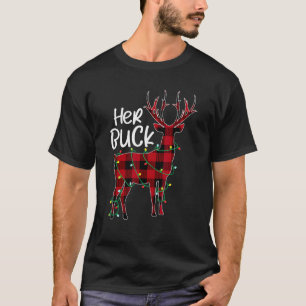 Her Buck Reindeer Red Plaid Funny Couples Matching T-Shirt