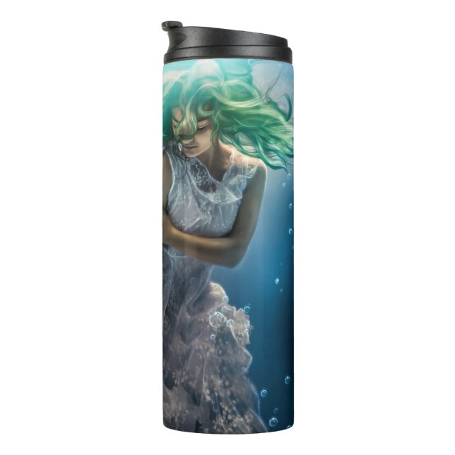 Her Emerald Curls - Mermaid Hovering Underwater Thermal Tumbler (Rotated Right)