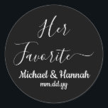 Her Favourite Wedding Favour Candy To go Treat  Classic Round Sticker<br><div class="desc">her favourite candy wedding sticker,  affordable treat to go favour,  personalised name reception cookie snack,  bridal shower baby engagement party,  to-go goodie customise your bag,  customised celebration thank you label,  hotel welcome bags box boxes,  bachelorette and his favourites stickers,  get-together easy celebrate for guests,  bride script custom white round</div>
