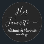 Her Favourite Wedding Favour Candy To go Treat  Classic Round Sticker<br><div class="desc">her favourite candy wedding sticker,  affordable treat to go favour,  personalised name reception cookie snack,  bridal shower baby engagement party,  to-go goodie customise your bag,  customised celebration thank you label,  hotel welcome bags box boxes,  bachelorette and his favourites stickers,  get-together easy celebrate for guests,  bride script custom white round</div>