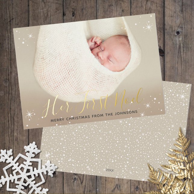 Her First Noel Baby's First Christmas Photo (Gold Foil Christmas Holiday Baby Announcement with Baby's Photo | Her First Noel)