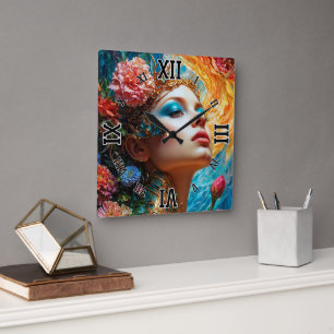 Her Floral Delights AI Concept Art by Xzendor7 Square Wall Clock