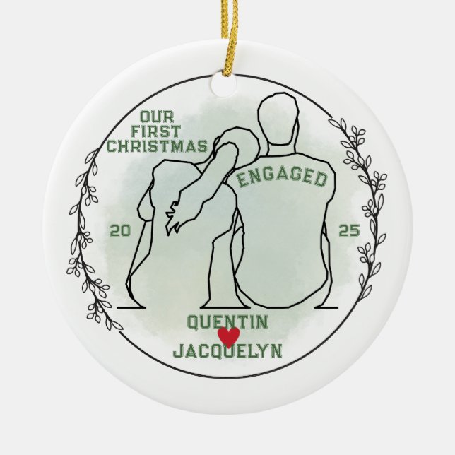 Her Head on His Shoulder - First Christmas Engaged Ceramic Tree Decoration (Front)