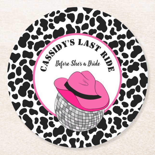 Her Last Ride Disco Cowgirl Bachelorette Party Round Paper Coaster (Front)