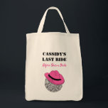 Her Last Ride Disco Cowgirl Bachelorette Party Tote Bag<br><div class="desc">This personalised grocery tote bag is perfect for your disco cowgirl themed bachelorette party. It features an illustration of a disco ball with a pink cowboy hat and your own custom message in black and pink lettering.</div>