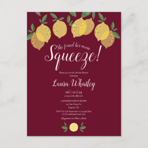 Her Main Squeeze Lemon Burgundy Bridal Shower Announcement Postcard