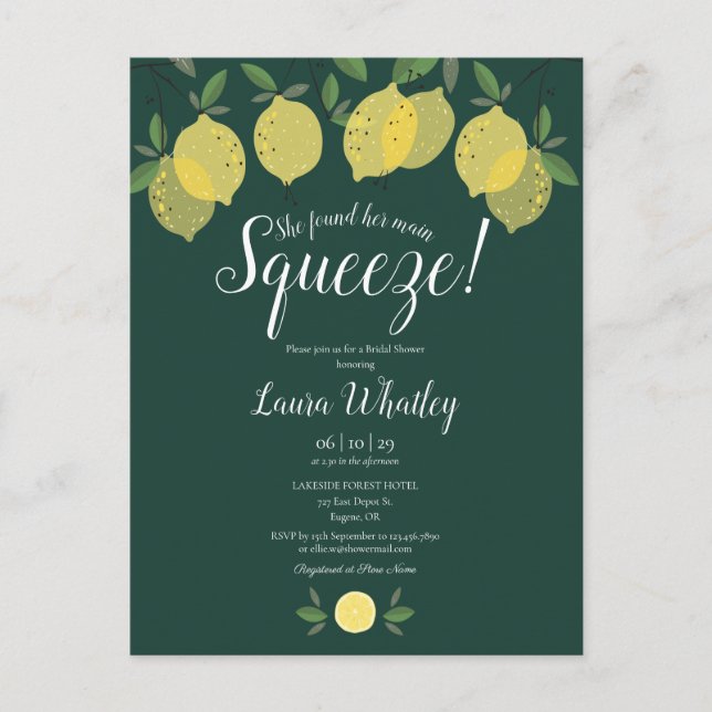 Her Main Squeeze Lemon Emerald Green Bridal Shower Announcement Postcard (Front)